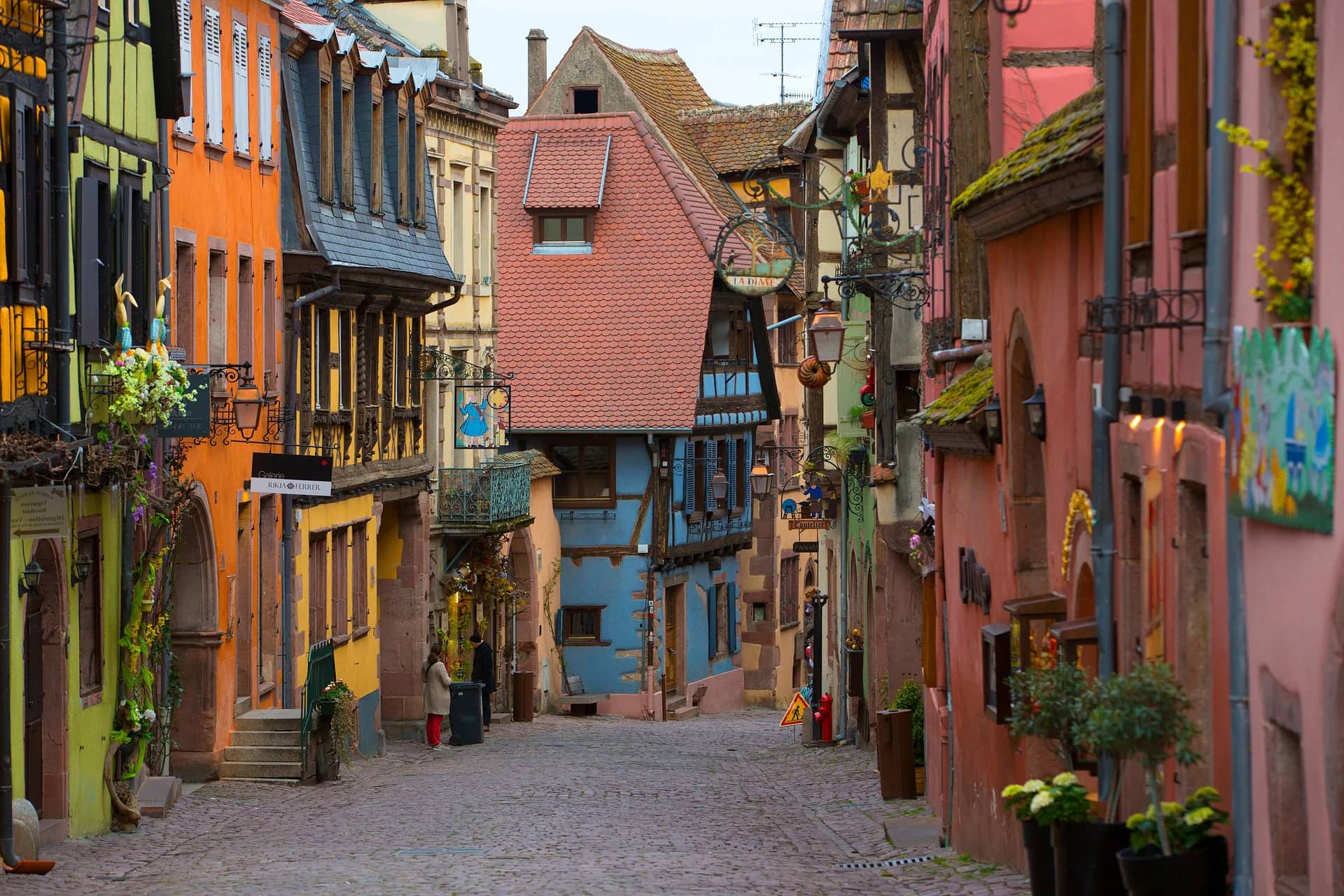 Half-timbered houses on a narrow lane in Riquewihr, Alsace, France