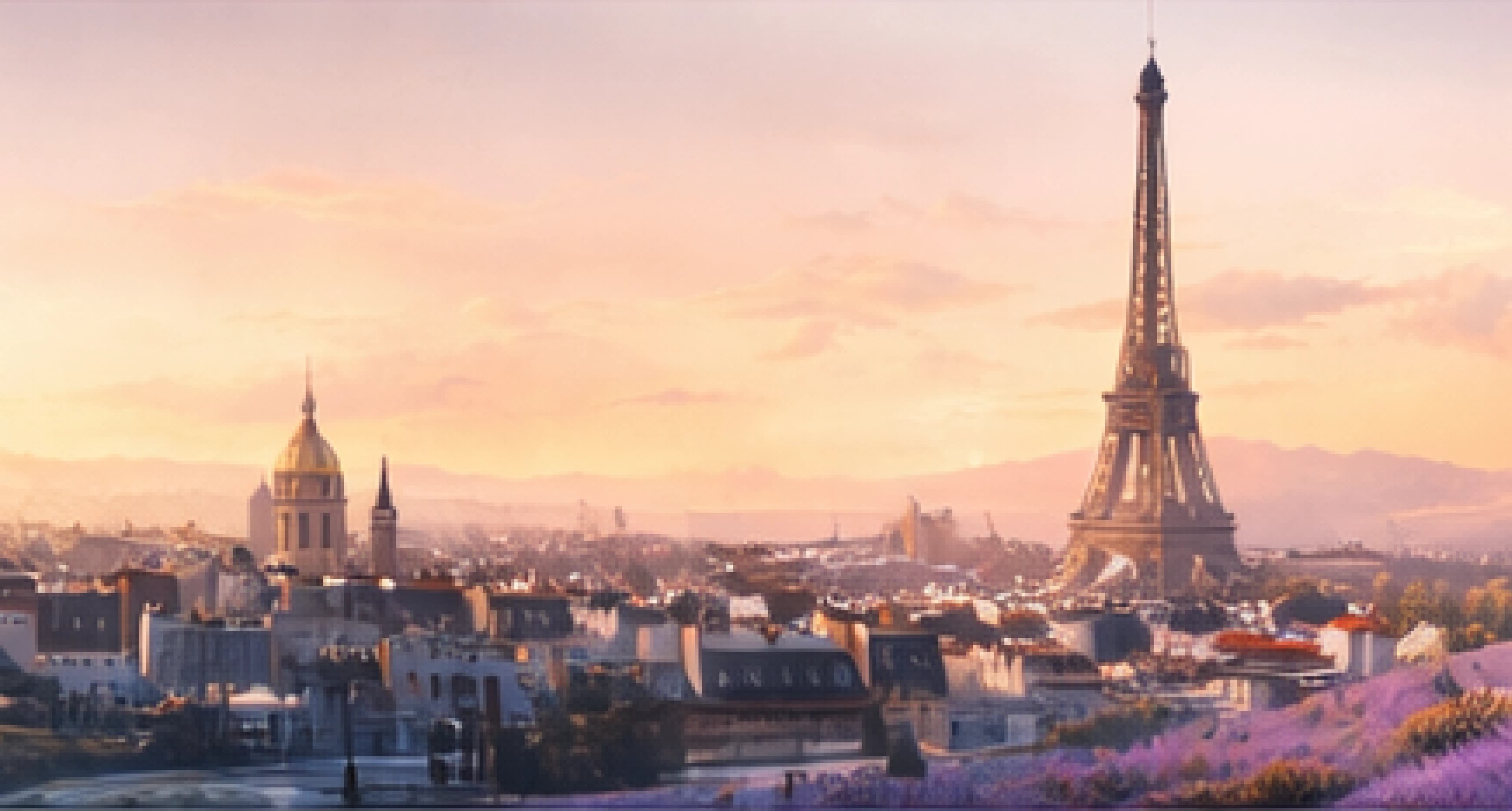 Gün batımında Eyfel Kulesi ve Paris çatı silüeti, sıcak altın ışık