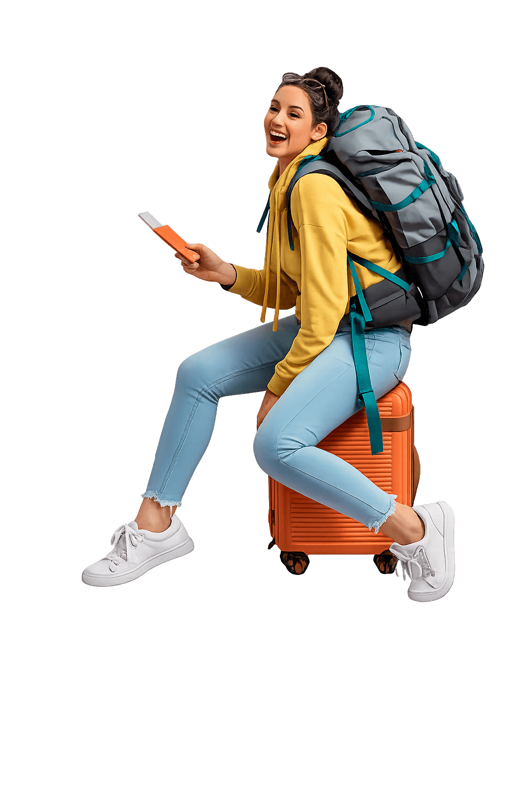 Traveller with luggage planning a trip, Holiday Manual hero illustration